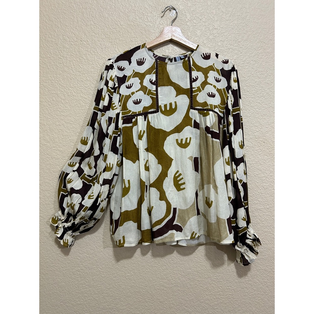 Blank London XS Floral Balloon Sleeve Blouse Brown Green Boho Retro Top